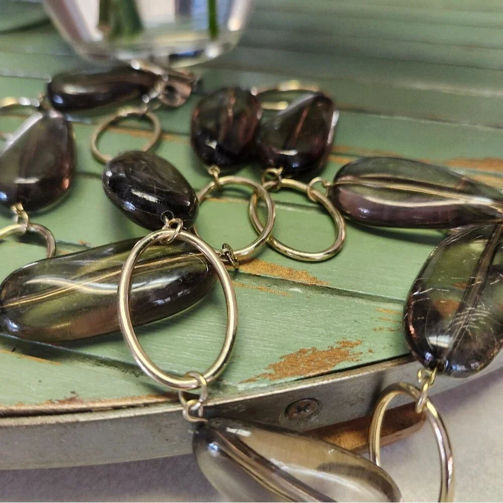 Gold Toned Loop Necklace With Brown/Black Clear Stones, 16